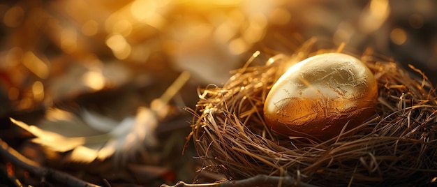 Zdjęcie jedno złote jajko spoczywa w gnieździe, symbol bogactwa i inwestycji.