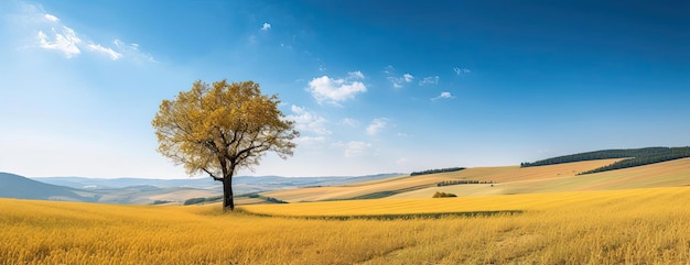 Jedno żółte drzewo na trawie siedzące w słonecznym polu w stylu panoramy