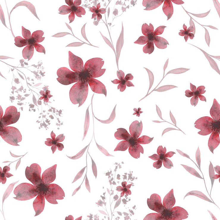 Zdjęcie jednokolorowe gałęzie burgundy z liśćmi i kwiatami bezszwy wzór na białym tle ręcznie narysowana ilustracja akwarelowa dla tkanin projektowych tekstyliów odciski tapety papier pakowania