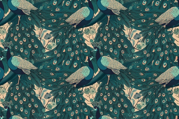 Jednolite tło z wzorem ptaków pawie z piór Ilustracja Generative AI