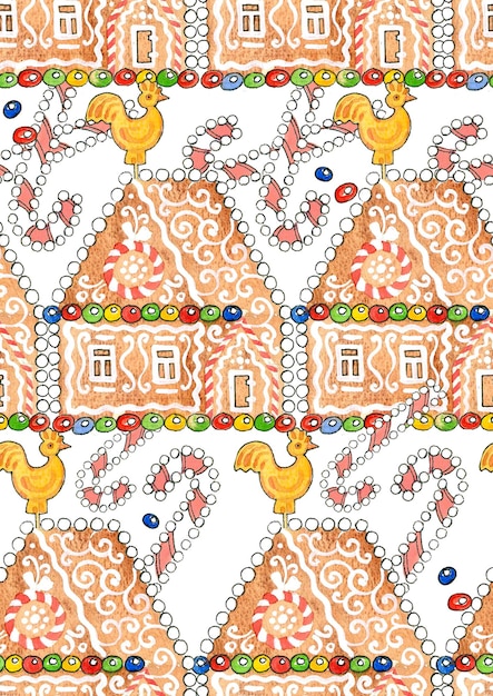 Jednolity wzór domków z piernika, kolorowych drażetek i świątecznych lizaków