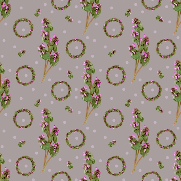 Zdjęcie jednolity wzór dzikich wiosennych kwiatów i gałązek na szarym tle