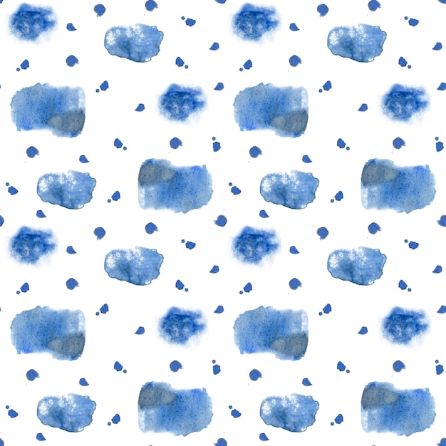 Jednolity wzór niebieski plamy akwarela ręcznie malowany akwarelą na białym tle.