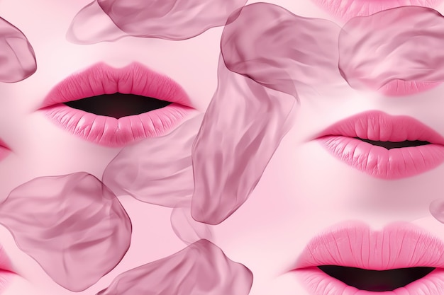Jednolity wzór z kobiecymi ustami Ma zastosowanie do tapet tekstylnych z nadrukiem na tekstyliach Różowe tło z kobiecymi ustami Powtarzalna tekstura Zmysłowa pasja i piękno Generacyjna sztuczna inteligencja