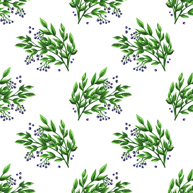 Jednolity wzór zielonych gałęzi i jagód ręcznie rysowane znacznik ilustracja na białym tle