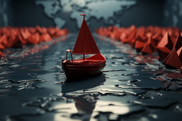Jedność w ruchu Papierowe łodzie podążają za czerwonym przywódcą na mapie świata, symbolizując sukces współpracy