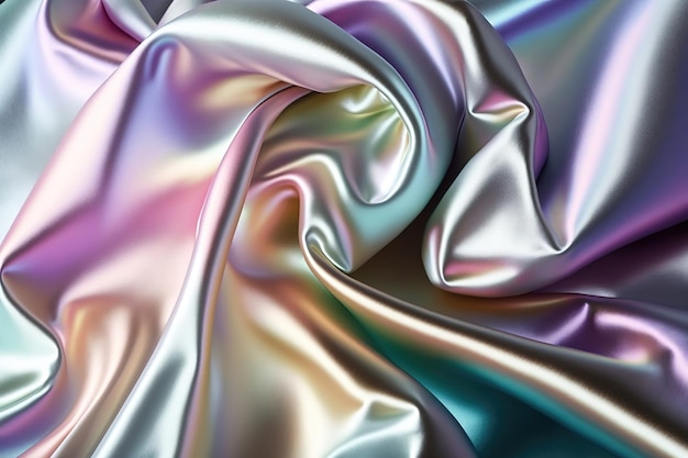 Jedwabista, błyszcząca tkanina w pastelowych, opalizujących holograficznych kolorach