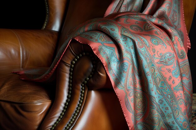 Zdjęcie jedwabny szalik z wzorem paisley drapowany na brązowych skórzanych fotelach