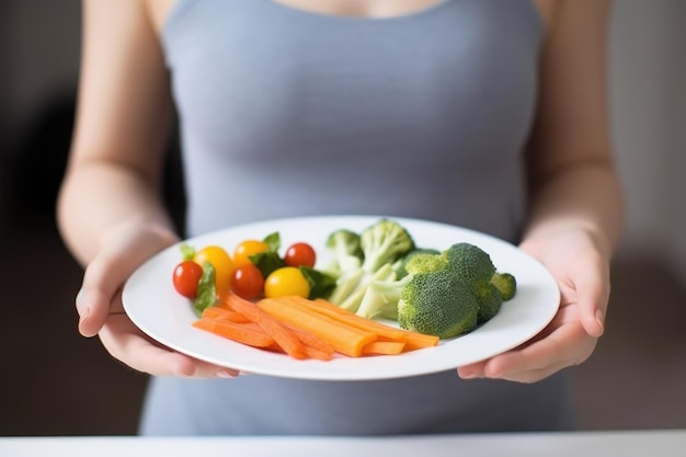 Jedzenie i dieta dla kobiet na talerzu do zdrowego odżywiania w domu, aby spalić kalorie stworzone za pomocą generatywnej ai