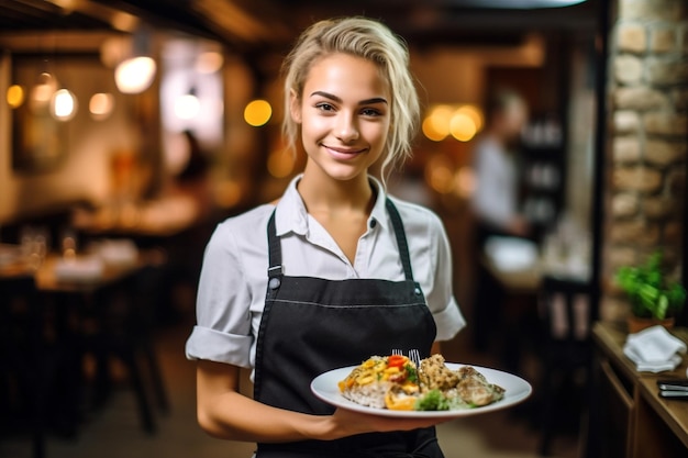 Jedzenie kobieta praca restauracja w pomieszczeniu kelner uśmiech pół stojący trzymając portret Generacyjna AI