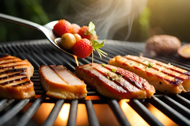 jedzenie na grillu z widelcem i truskawką na górze.