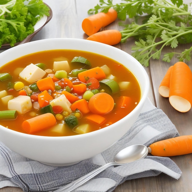 Jedzenie na stole ze zdrową, przejrzystą zupą jarzynową z marchewką w bulionie i różnymi rodzajami owoców