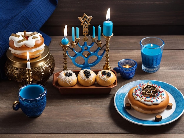 Jedzenie na święto Hanukkah Menora Świece na drewnianym stole sufganiyot ciasto i ustawienie stołu żydowskie symbole środkowe białe i niebieskie święto Izrael hebrajskie tradycyjne święto rodzinne
