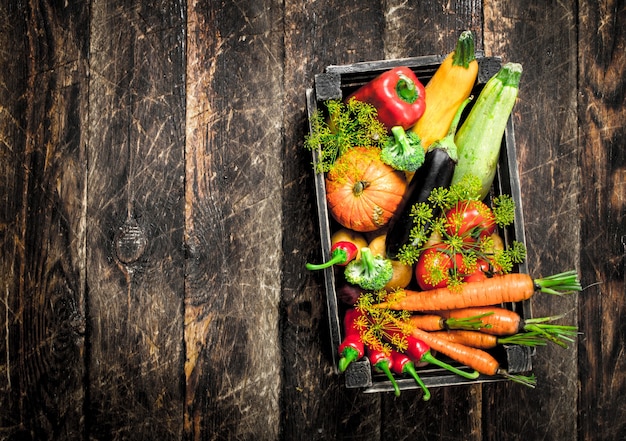 Jedzenie organiczne. Świeże zbiory warzyw na drewnianym stole.