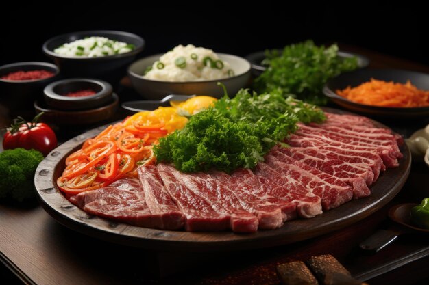 Jedzenie z pysznym przednim kątem mięsa z ciętego mięsa wraz z warzywami na brązowej tablicy generatywnej IA