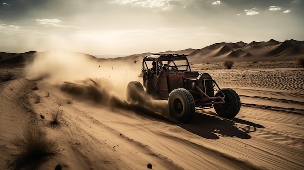 Jeep na pustyni z pyłem latającym z przodu