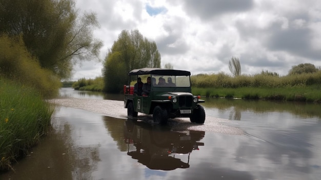 Jeep przejeżdża przez zalany obszar rzeki.