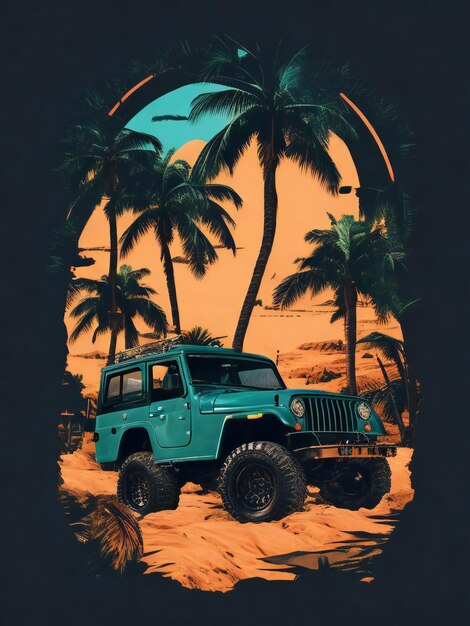 Zdjęcie jeep przejeżdżający przez palmy przy zachodzie słońca