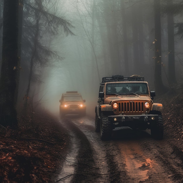 Jeep z włączonymi światłami jedzie po błotnistej drodze