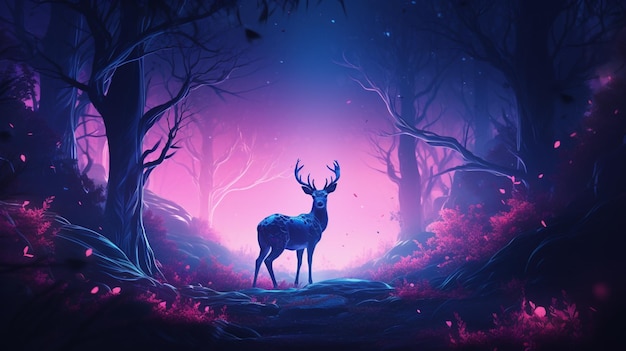 Jeleń Neonowe światło zwierząt spaceruje po lesie Obraz wygenerowany przez AI