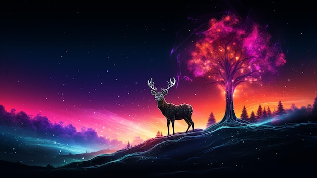 Jeleń Neonowe wzgórze zwierząt ze światłem obok drzewa AI Wygenerowane zdjęcia