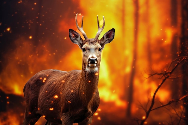 Jeleń stoi przed lasem pochłoniętym płomieniami, symbolizując wpływ pożarów na dziką przyrodę i środowisko