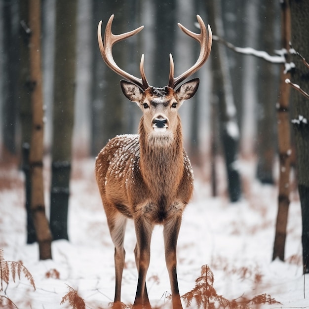 Zdjęcie jeleń stoi w zimowym lesie.