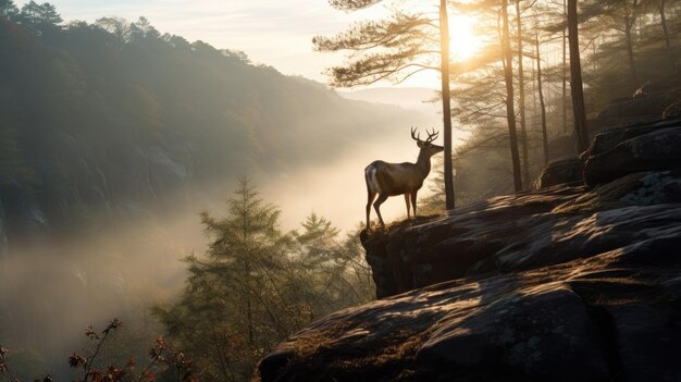 Zdjęcie jeleń stojący na skale z widokiem na górski las o wschodzie słońca