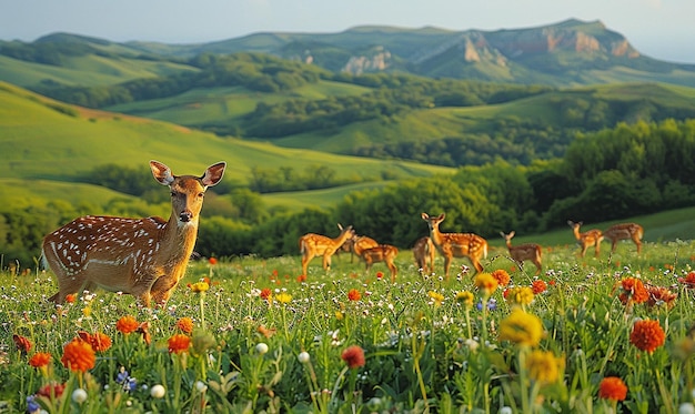Zdjęcie jelenie na polu dzikich kwiatów z górami na tle