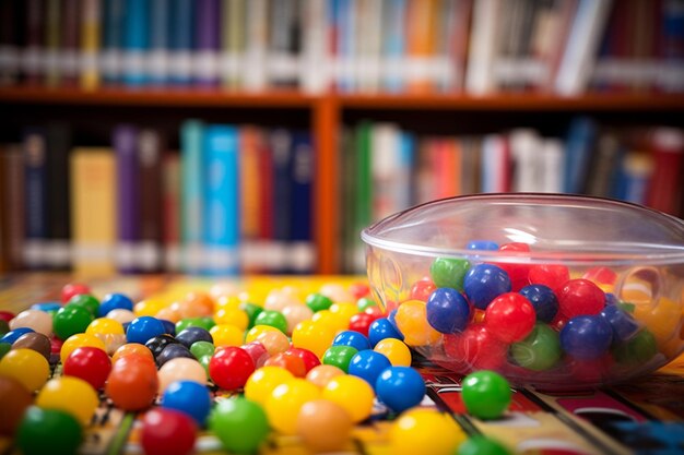 Jelly beans w bibliotece wśród książek dla dziwacznej biblioteki