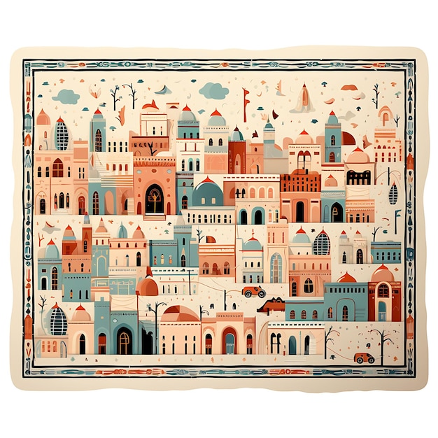 Jemeński dywanik Al Taizz Historyczne miasto inspirowane wzorem Curvili Brokatowe motywy Ozdobna ramka artystyczna