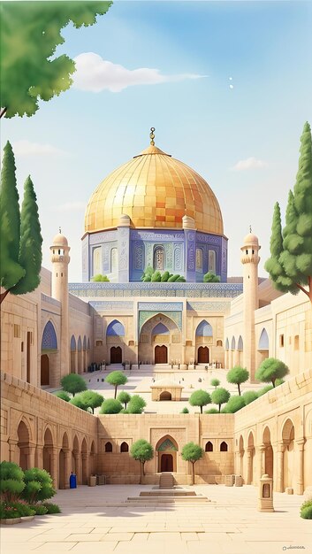Jerozolima Meczet Al Aksa AlQuds AlSharif stare miasto historyczne tło ilustracji Generatywna sztuczna inteligencja