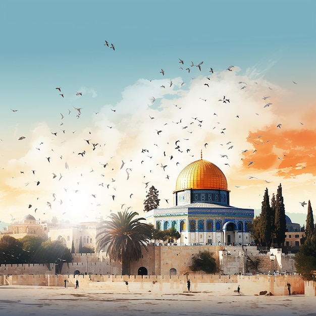 Jerozolima Meczet Al-Aqsa Al-Quds Al-Sharif stare miasto historyczne ilustracje tło Generative AI