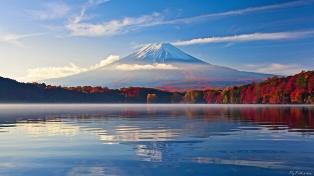 Jesień i góra Fuji nad jeziorem Kawaguchiko w Japonii