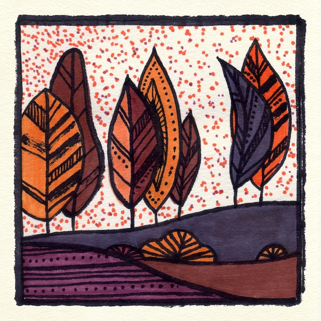 Jesień jak scena krajobraz akwarela ilustracja