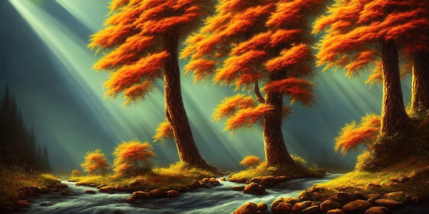 Zdjęcie jesień jest w lesie górska rzeka płynie w dolinie między drzewami żółte pomarańczowe liście poranne jesienne słońce oświetla gałęzie jesiennych drzew ilustracja 3d