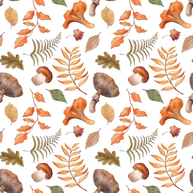 Jesień las grzyb gałąź rowan liść dębu jesień liście chanterelle porcini grzyb latać agaric Bezszwowy wzór jest ręcznie narysowany w akwareli na białym tle dla tapety tkaniny