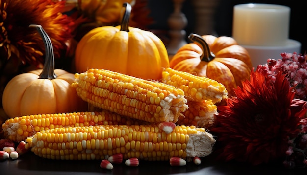 Zdjęcie jesień martwa natura z dyniami i kukurydzą na czarnym tle