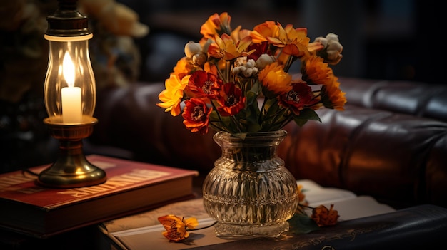 jesień martwa natura z żółtymi i czerwonymi różami w wazonie jesień nastrój jesień atmosfera przytulna atmosfera dom wnętrze jesień dekoracja