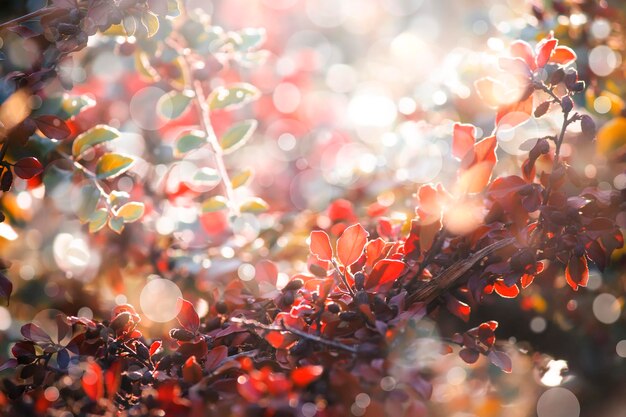 Jesień natura niewyraźne tło krajobraz z czerwonymi liśćmi i rozbłyskiem słońca