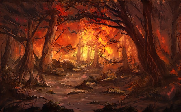 Jesień Piękny magiczny las bajeczne żółte drzewa. Leśny krajobraz, promienie słońca oświetlają pomarańczowe liście i gałęzie drzew. Magiczny jesienny las. Ilustracja