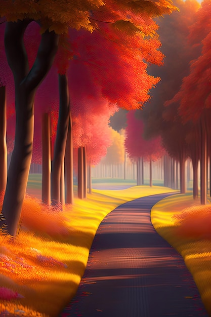 Jesień w parku Piękne tło natury Hiperrealistyczny cyfrowy obraz 3D