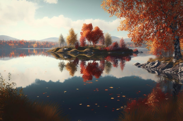 Jesień wokół jeziora 3d ultra realistyczne zdjęcie reklamowe hd 8k