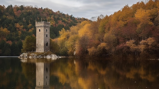 Jesienią nad jeziorem stoi wieża zamkowa.