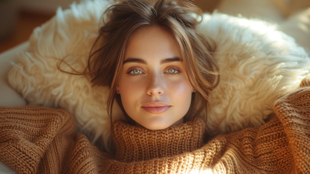 Jesienią piękna dziewczyna uśmiechająca się i relaksująca się na kanapie w domu patrzyła w kamerę Portret kobiety w zimowych ubraniach relaksującej się na fotelu