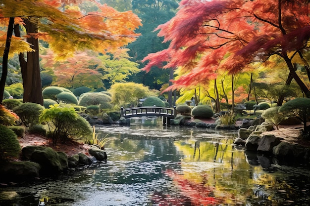 Jesienna błogość Spokojny staw i spektakularne klony w czarującym ogródku japońskim w Tokio