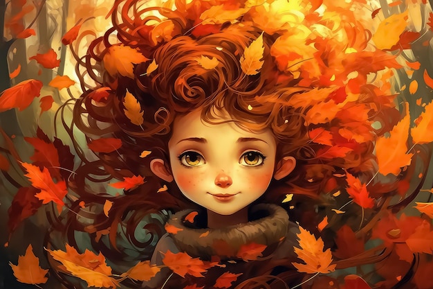 Jesienna dziewczyna z liśćmi w głowie w stylu kreskówki