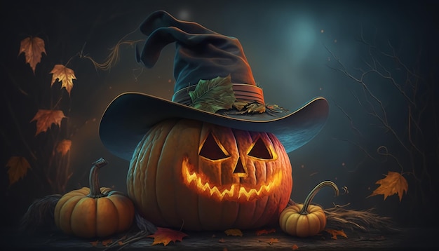 Jesienna Halloweenowa noc bania z kapeluszem