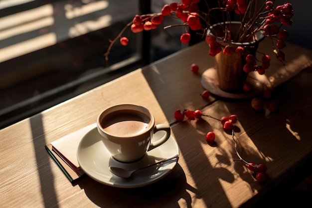 Jesienna kawiarnia Słoneczny poranek z kawą i maroonowymi akcentami