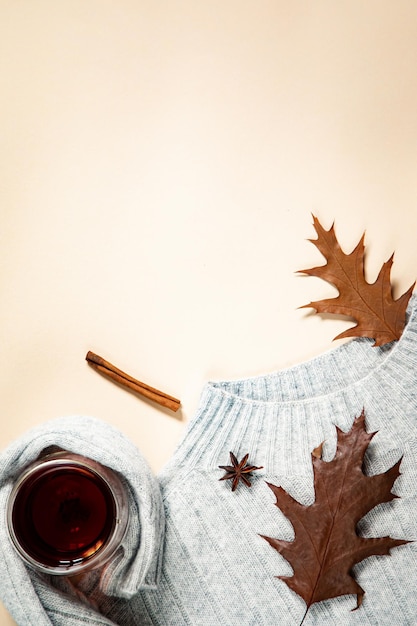 Jesienna kompozycja Jesienna koncepcja Płaski widok z góry świeckich Hygge jesień przytulny nastrój koncepcja komfortu